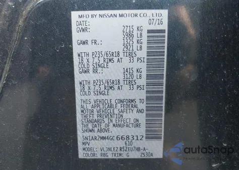 2016 Nissan Pathfinder Sv z USA, uszkodzony, nr VIN 5N1AR2MM4GC668312